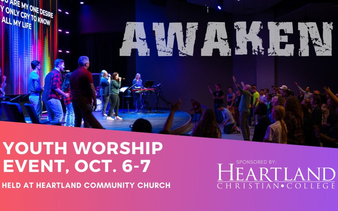 featured image for Awaken youth worship event. Photo of worship team and leaders on stage during a youth event in pink, blue and purple hues.