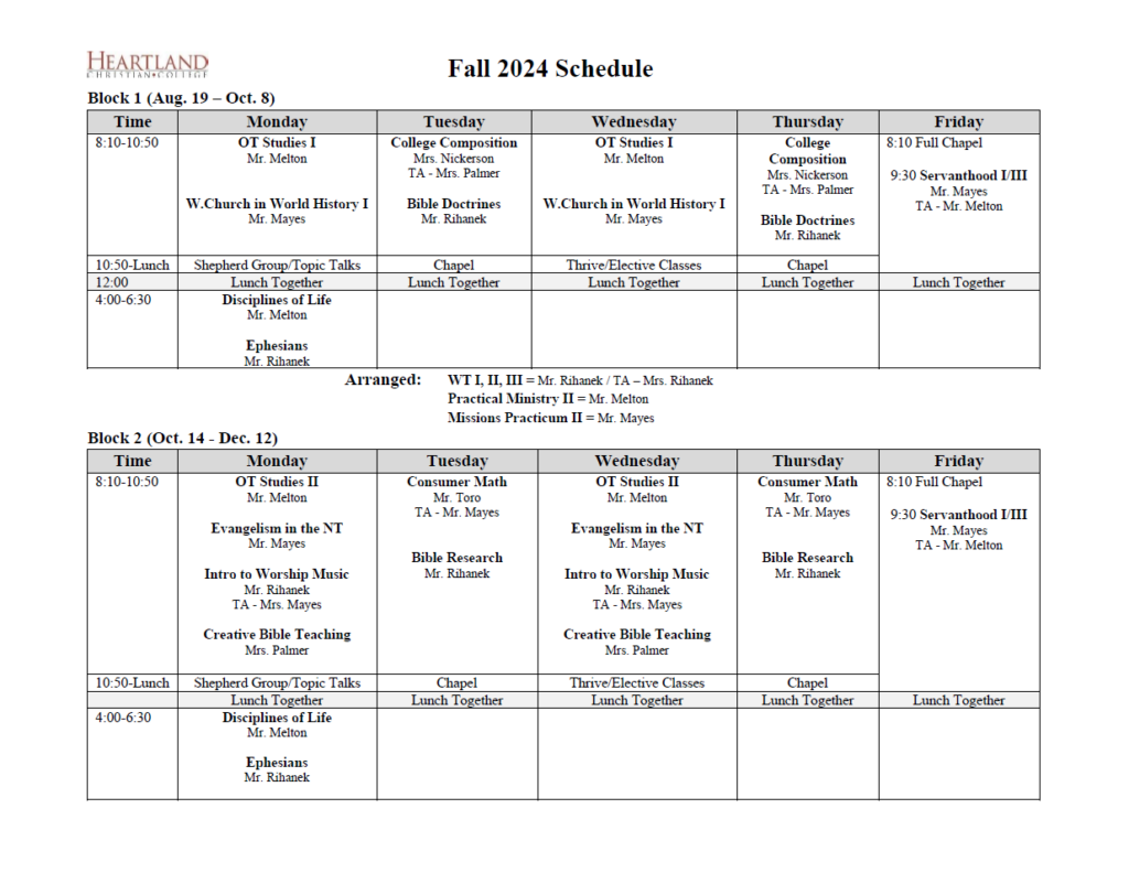 Fall 2024 course schedule outlined with dates, times and instructors.